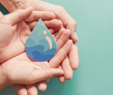 Deux paires de mains ouvertes tiennent une goutte d'eau en papier avec un motif abstrait bleu et vert, représentant des vagues. L'arrière-plan est d'une couleur vert pâle unie.